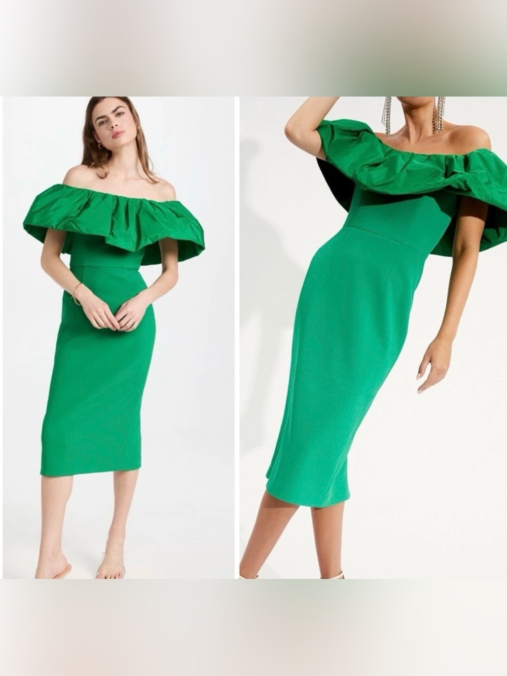 NWT Rebecca Vallance Virgil Green Off Shoulder Ruffle Midi Dress US 2 AUS 6